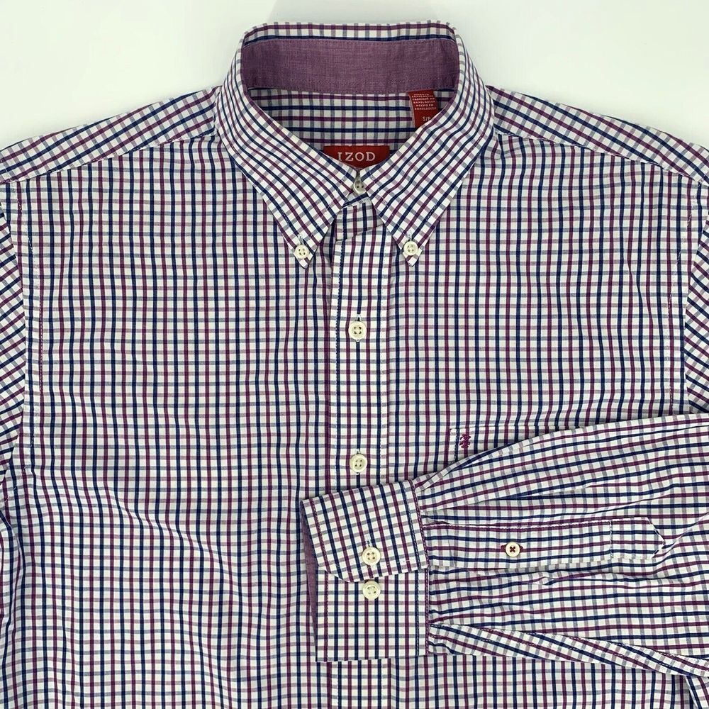 IZOD White Blue Purple Check Flip Cuff Long Sleeve‎ Button Up Men's Shirt Size S